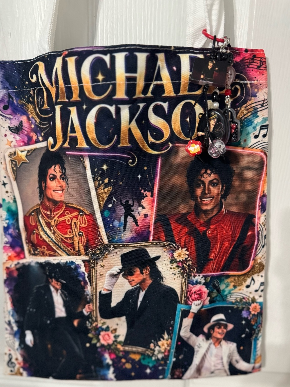 Michael Jackson Red Multi-Image Pop Culture Tote with removable bag charm.